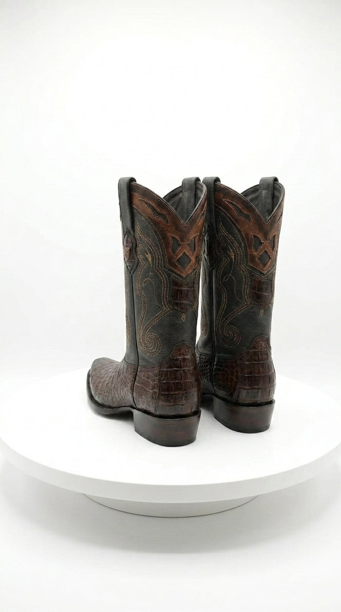 Men’s Brown Caiman Snip Toe Cowboy Boots with Embroidered Shaft, Exotic Western Dress Boots