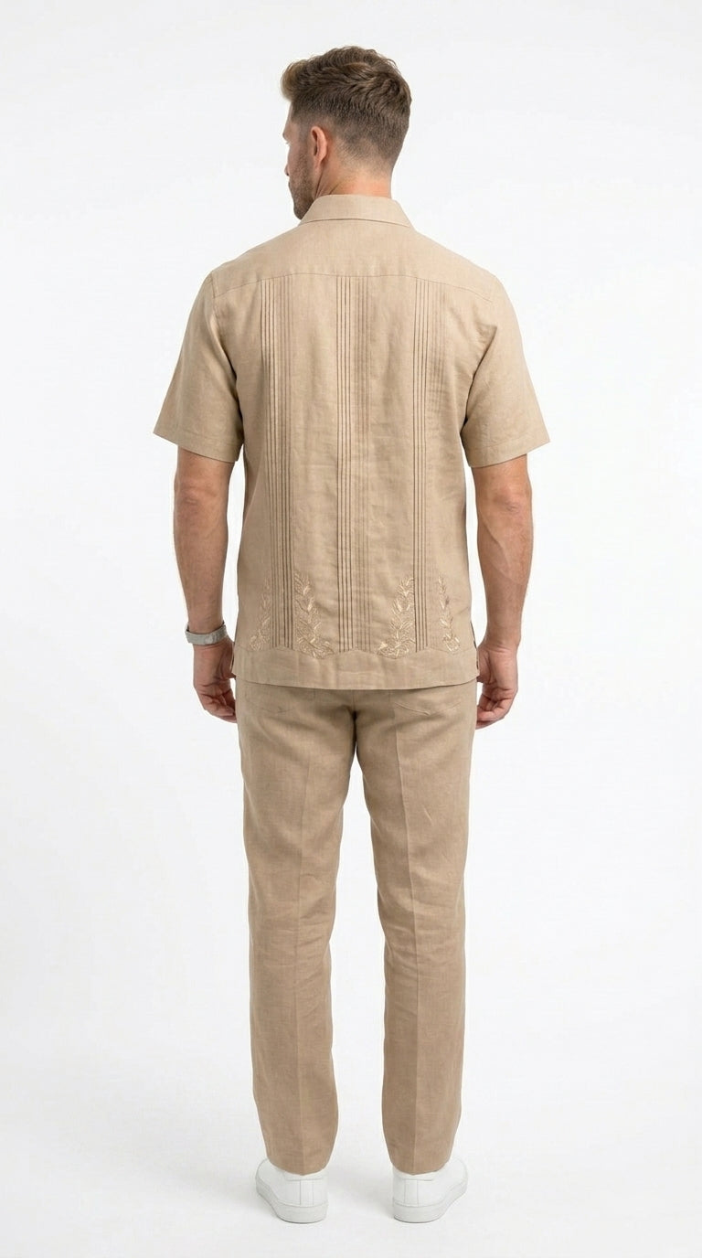 Men’s Sand Beige Embroidered 2 Piece Walking Suit with Short Sleeve Shirt and Matching Pants