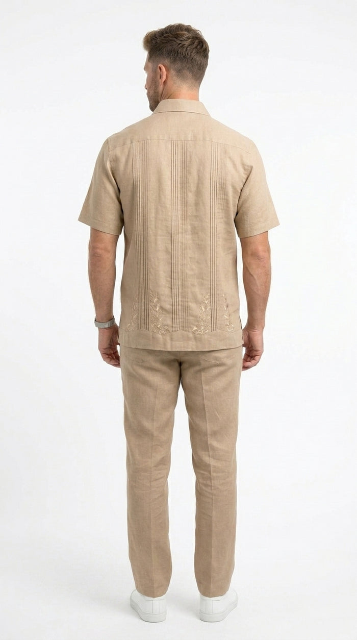 Men’s Sand Beige Embroidered 2 Piece Walking Suit with Short Sleeve Shirt and Matching Pants