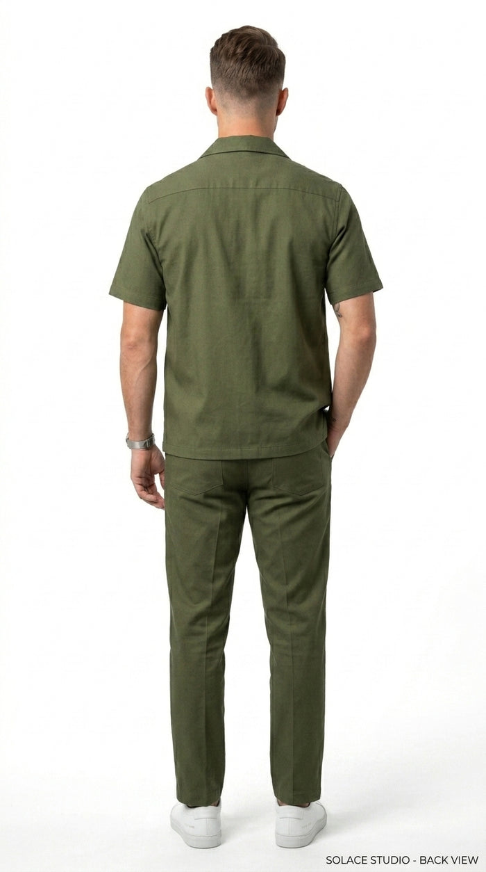 Men’s Olive Short Sleeve Walking Suit with Button Front Shirt and Matching Pants