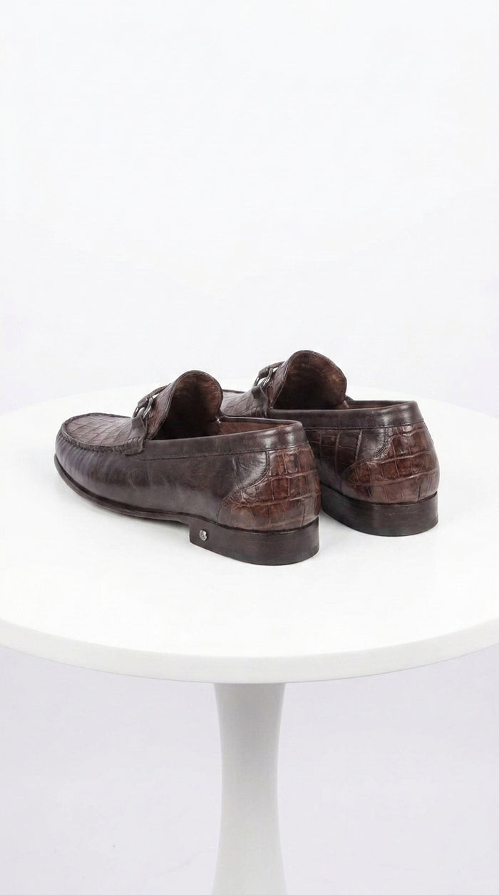 Lombardy Men’s Crocodile Calfskin Bit Loafers, Exotic Dress Casual Slip-On Shoes