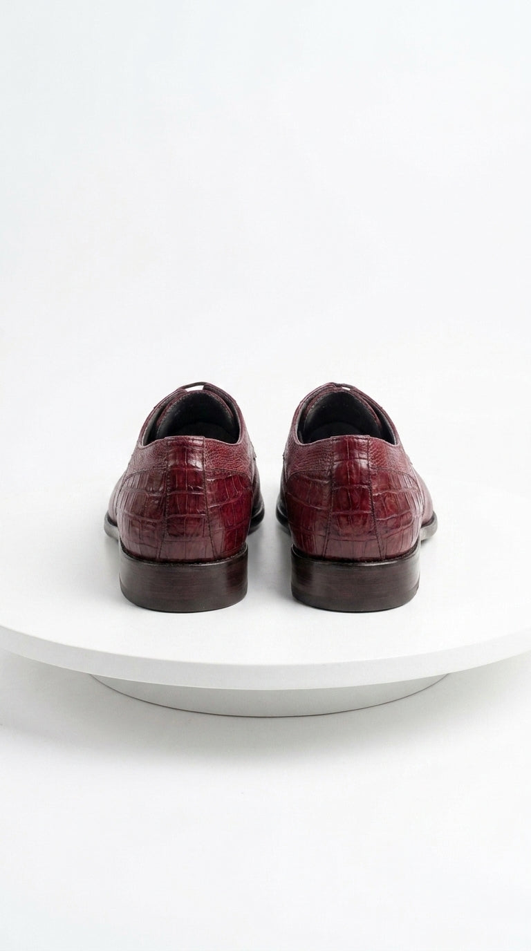 Men’s Los Altos Burgundy Lizard Crocodile Bike Toe Shoes, Exotic Lace Up Dress Shoes