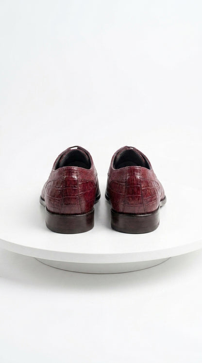 Men’s Los Altos Burgundy Lizard Crocodile Bike Toe Shoes, Exotic Lace Up Dress Shoes