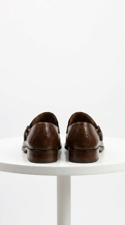 Lombardy Men’s Caiman Belly and Calfskin Monkstrap Dress Shoes, Black and Brown Exotic Formal Shoes