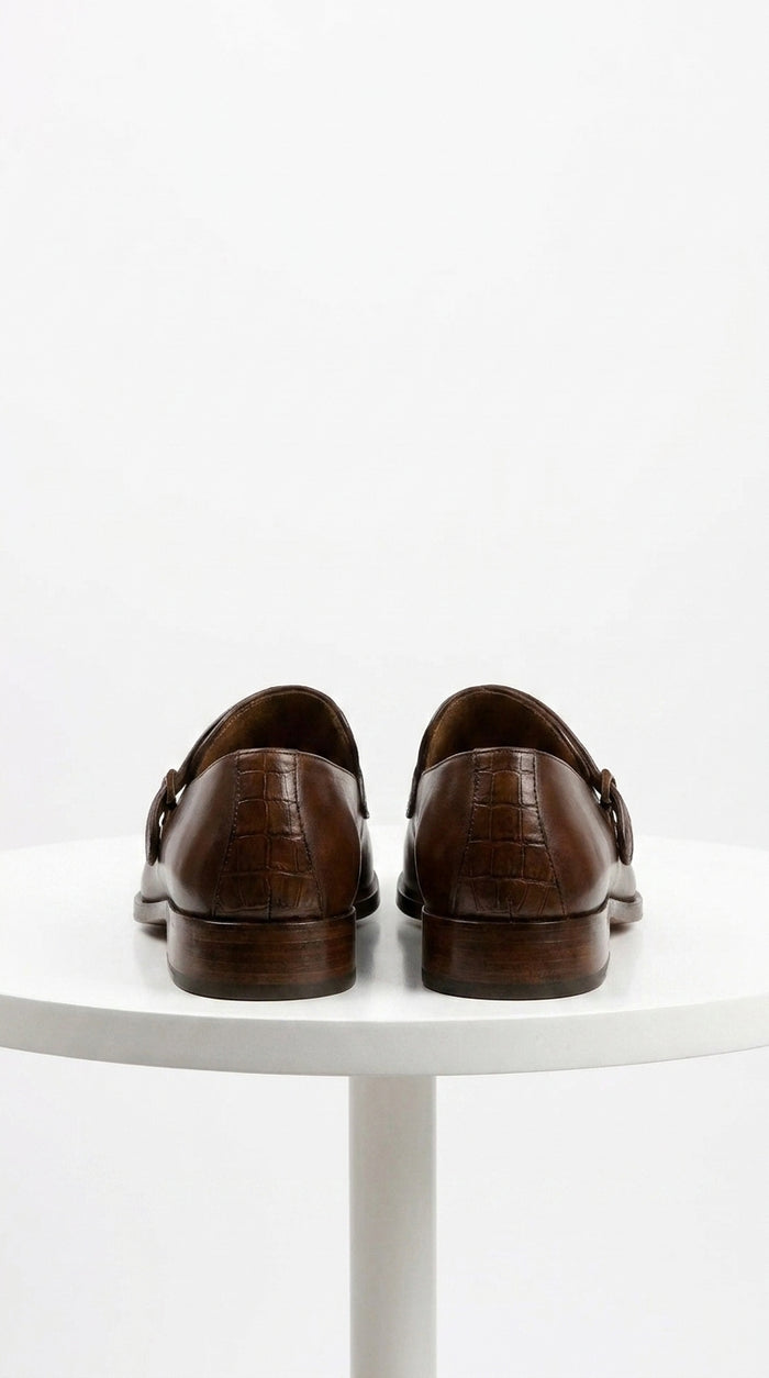 Lombardy Men’s Caiman Belly and Calfskin Monkstrap Dress Shoes, Black and Brown Exotic Formal Shoes