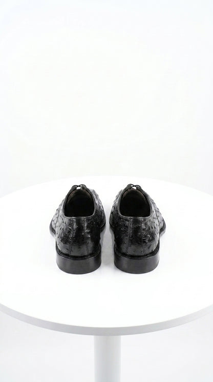 Men’s Los Altos Black Full Quill Ostrich Lace-Up Dress Shoes, Bicycle Toe Formal Shoes