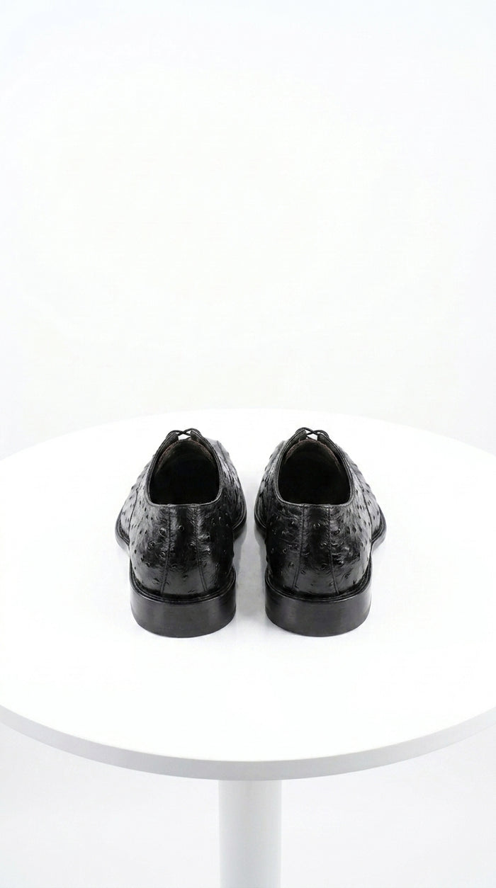 Men’s Los Altos Black Full Quill Ostrich Lace-Up Dress Shoes, Bicycle Toe Formal Shoes