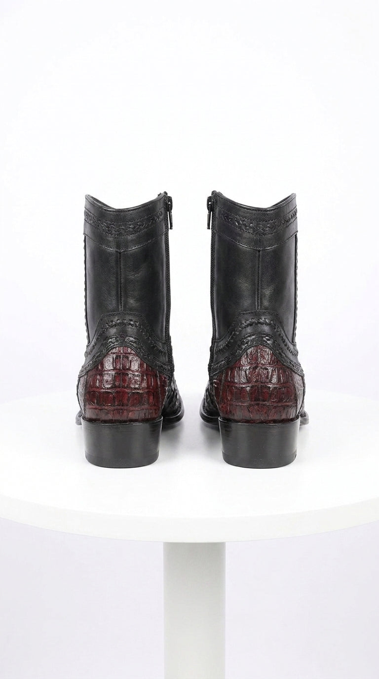 Men’s Los Altos Black Cherry Caiman Tail Low Shaft Boots, European Square Toe Dress Boots