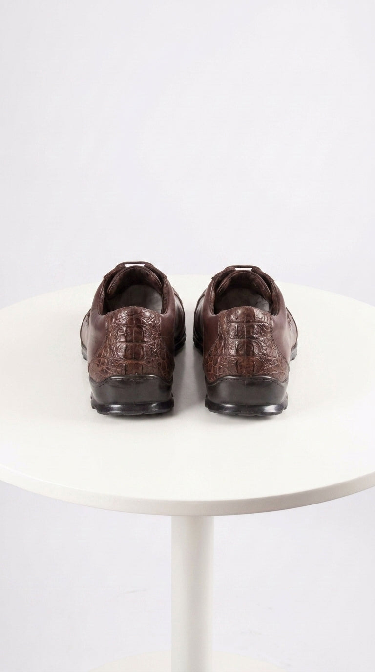 Men’s Los Altos Brown Caiman Crocodile Patchwork Casual Shoes, Exotic Leather Lace-Up Shoes