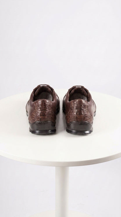 Men’s Los Altos Brown Caiman Crocodile Patchwork Casual Shoes, Exotic Leather Lace-Up Shoes
