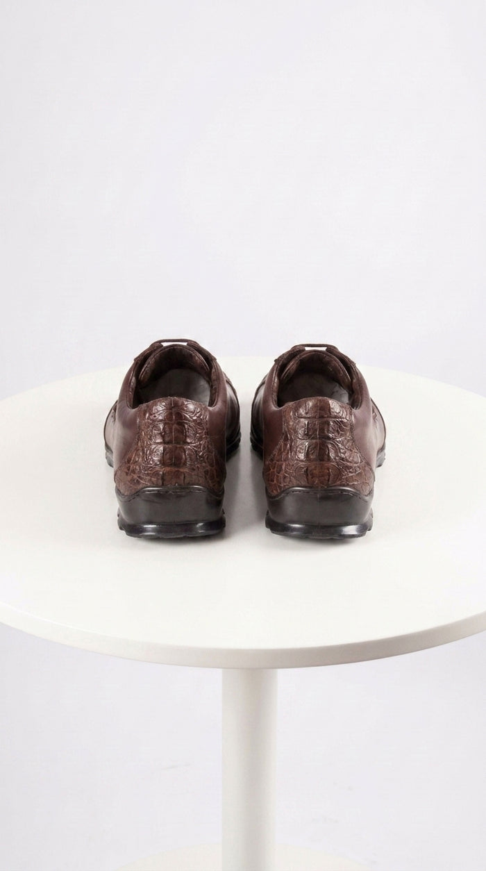Men’s Los Altos Brown Caiman Crocodile Patchwork Casual Shoes, Exotic Leather Lace-Up Shoes