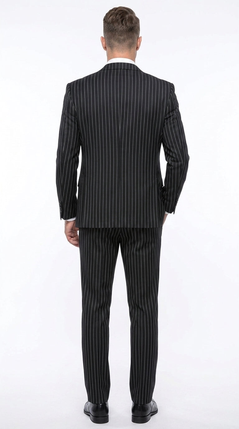 Men’s Black Bold Pinstripe 1920s Suit, Vintage 3 Piece Gangster Suit, Big and Tall Prom Outfit