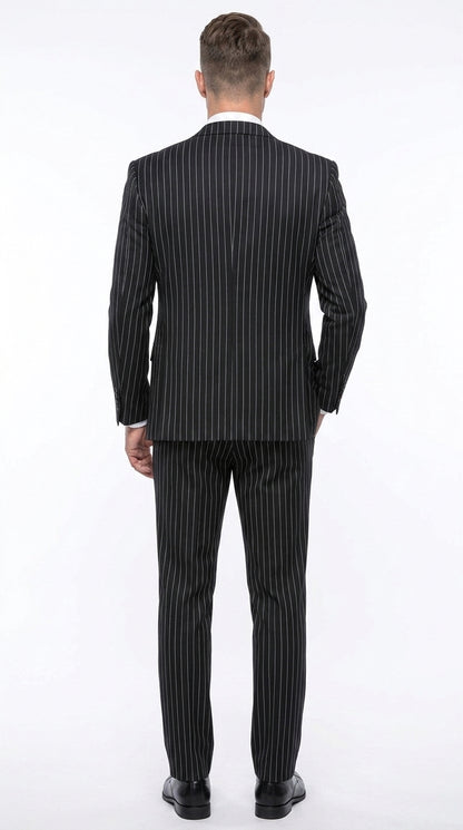 Men’s Black Bold Pinstripe 1920s Suit, Vintage 3 Piece Gangster Suit, Big and Tall Prom Outfit
