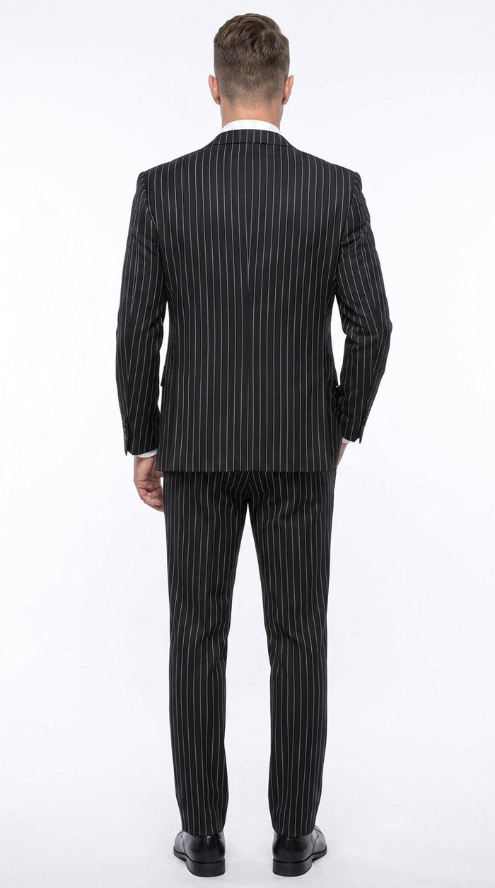 Men’s Black Bold Pinstripe 1920s Suit, Vintage 3 Piece Gangster Suit, Big and Tall Prom Outfit