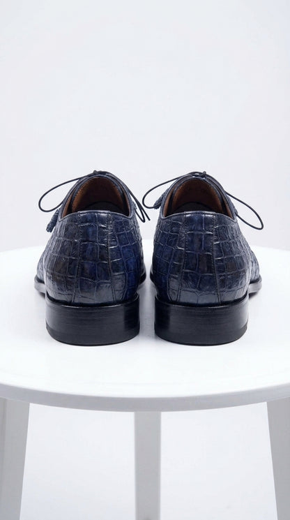 Men’s Los Altos Navy Blue Crocodile Italian Toe Shoes, Exotic Lace-Up Dress Shoes