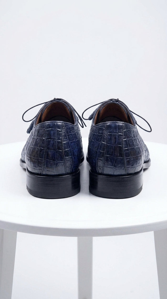 Men’s Los Altos Navy Blue Crocodile Italian Toe Shoes, Exotic Lace-Up Dress Shoes