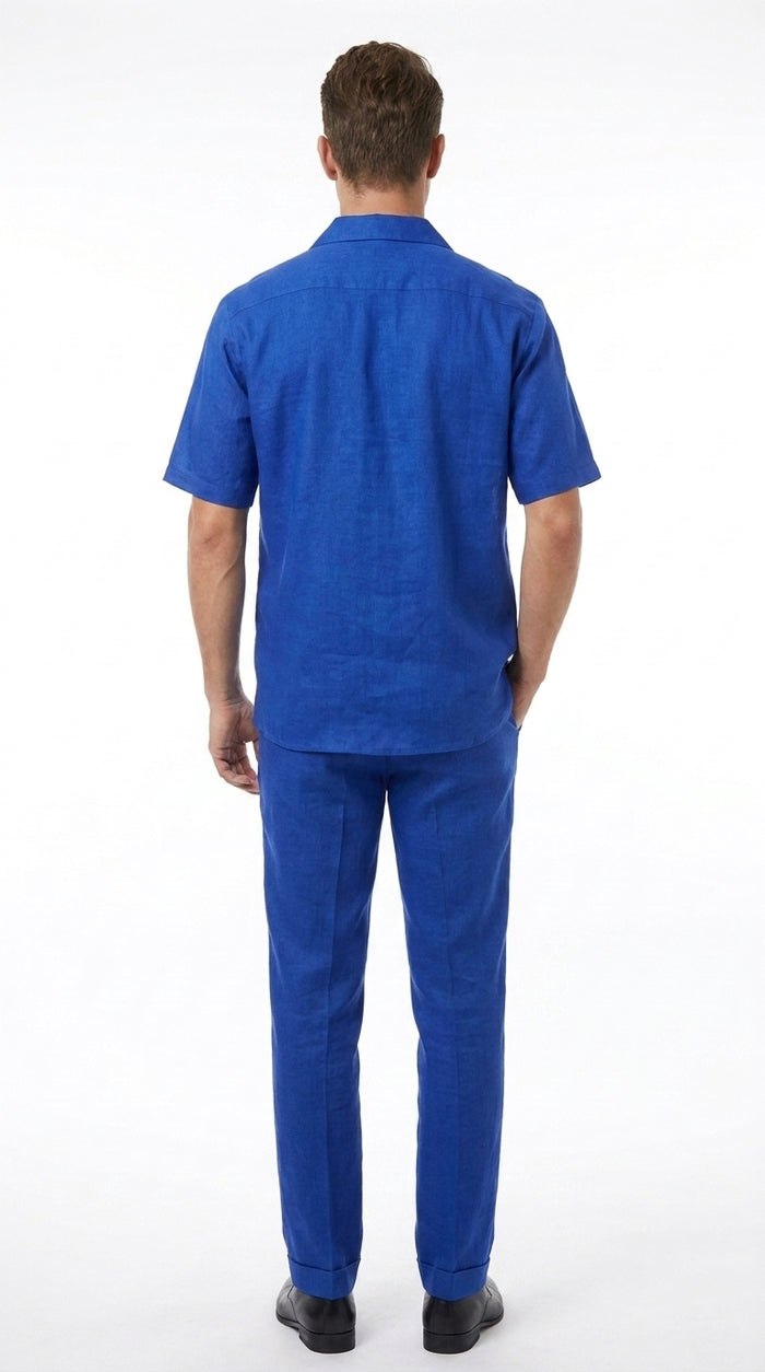 Men’s Royal Blue Linen Shirt and Pants Set, Casual Walking Suit Summer Outfit