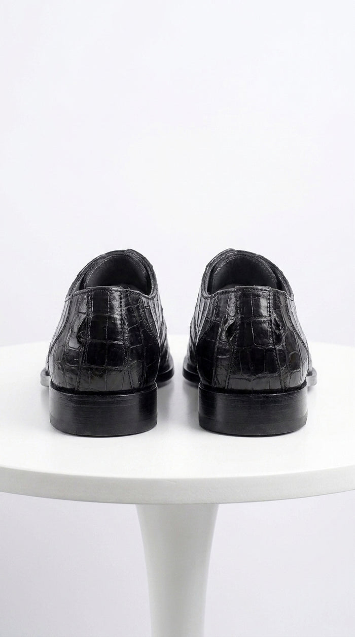 Men’s Los Altos Black Genuine Crocodile Belly Shoes, All-Over Exotic Lace-Up Dress Shoes