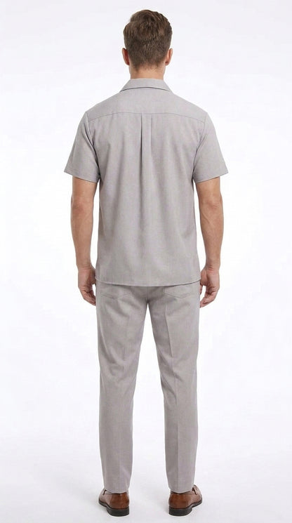 Men’s Light Grey 100% Linen Walking Suit, Short Sleeve Shirt and Pants Casual Leisure Set