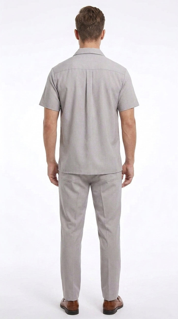 Men’s Light Grey 100% Linen Walking Suit, Short Sleeve Shirt and Pants Casual Leisure Set