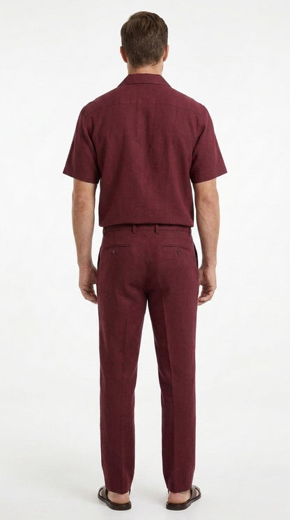 Men’s Burgundy Short Sleeve Walking Suit, Casual Summer Shirt and Pants Leisure Set