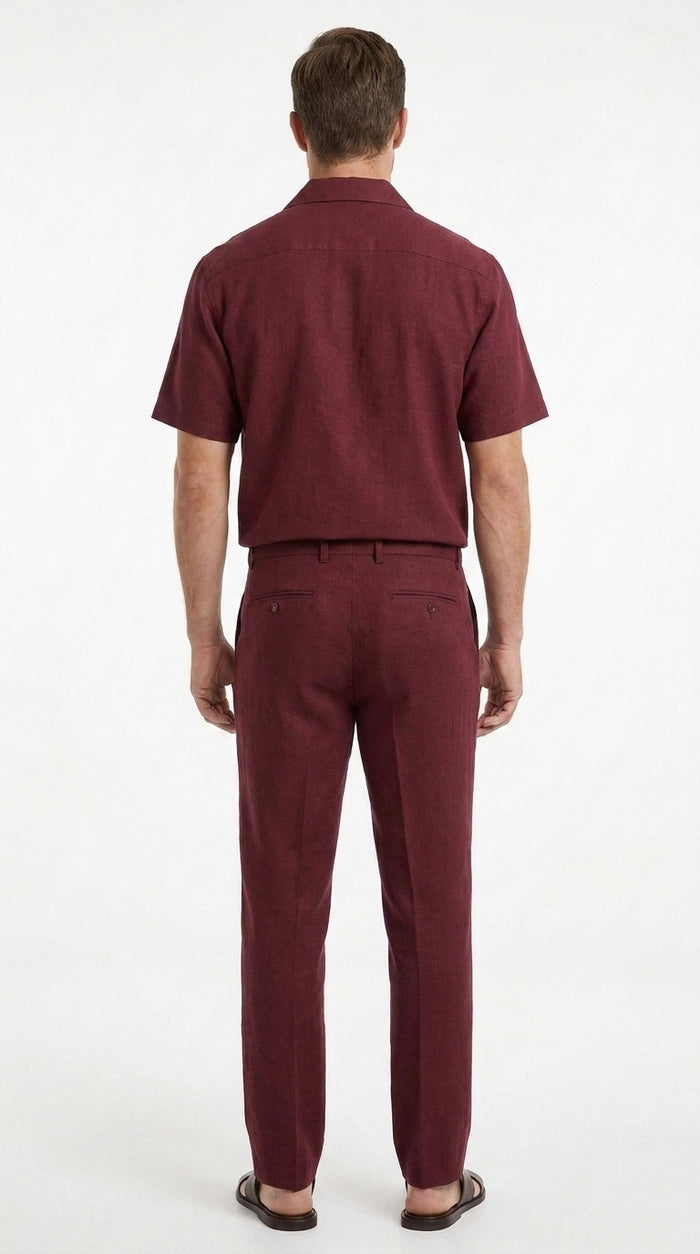 Men’s Burgundy Short Sleeve Walking Suit, Casual Summer Shirt and Pants Leisure Set