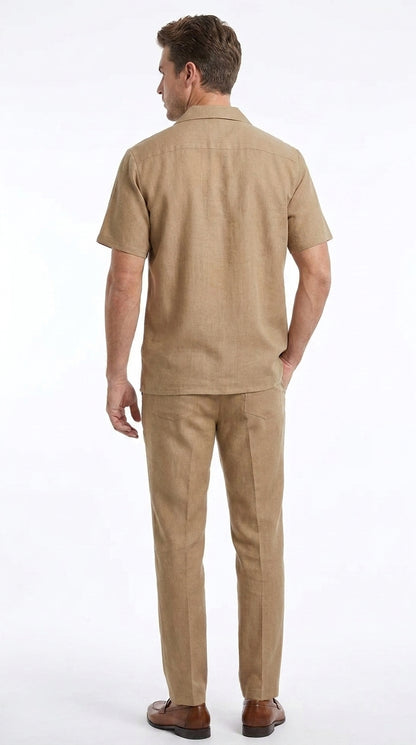 Men’s Tan Short Sleeve Walking Suit Casual Summer Leisure Set 2 Piece Shirt and Pants Outfit