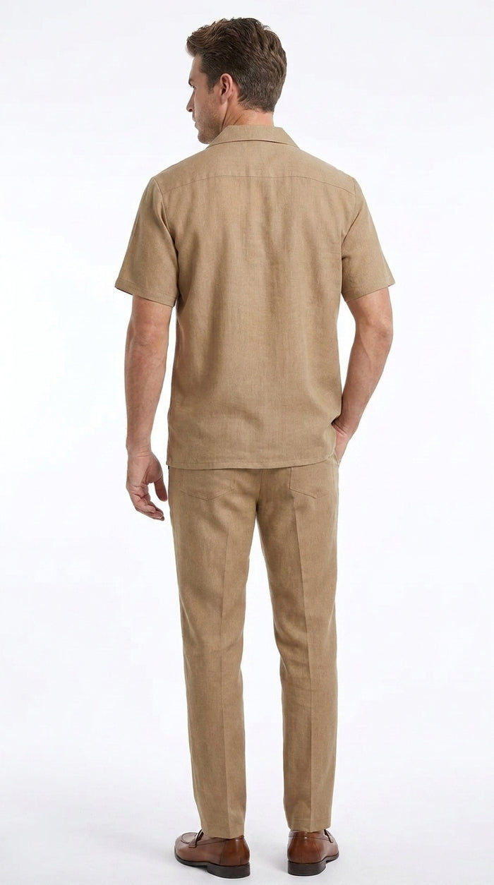 Men’s Tan Short Sleeve Walking Suit Casual Summer Leisure Set 2 Piece Shirt and Pants Outfit