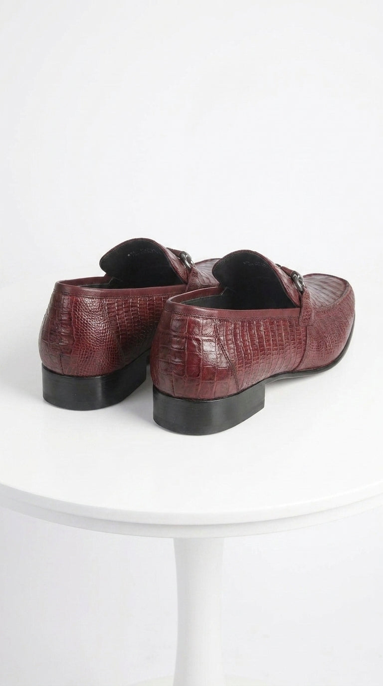 Los Altos Men’s Burgundy Crocodile Lizard Metal Bit Loafers, Exotic Dress Shoes