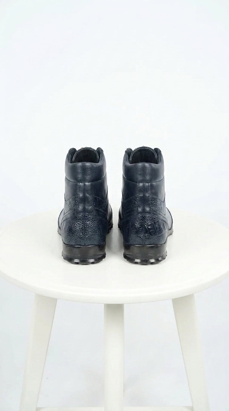 Los Altos Men’s Navy Genuine Ostrich Leg Casual Ankle Boots, Exotic Lace-Up Dress Boots