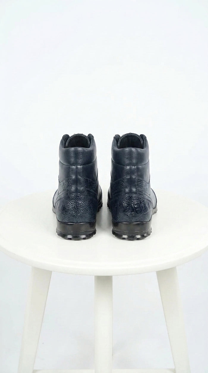 Los Altos Men’s Navy Genuine Ostrich Leg Casual Ankle Boots, Exotic Lace-Up Dress Boots