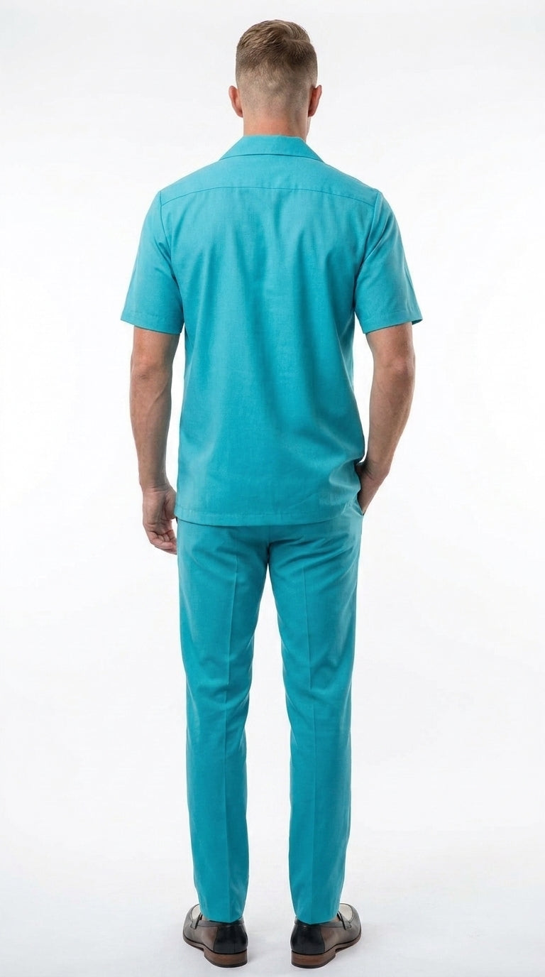 Men’s Turquoise Linen Shirt and Pants Set, Casual Summer Walking Suit Outfit