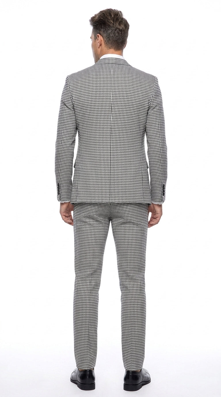 Men’s Black & White Houndstooth Check 3-Piece Pure Wool Suit with Double-Breasted Vest & Flat Front Pants