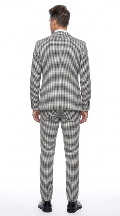 Men’s Black & White Houndstooth Check 3-Piece Pure Wool Suit with Double-Breasted Vest & Flat Front Pants
