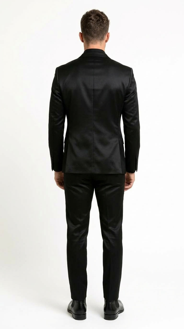 Men’s Black Satin Flex 2 Piece Suit, Slim Fit Sport Coat and Matching Pants Formal Dress Suit