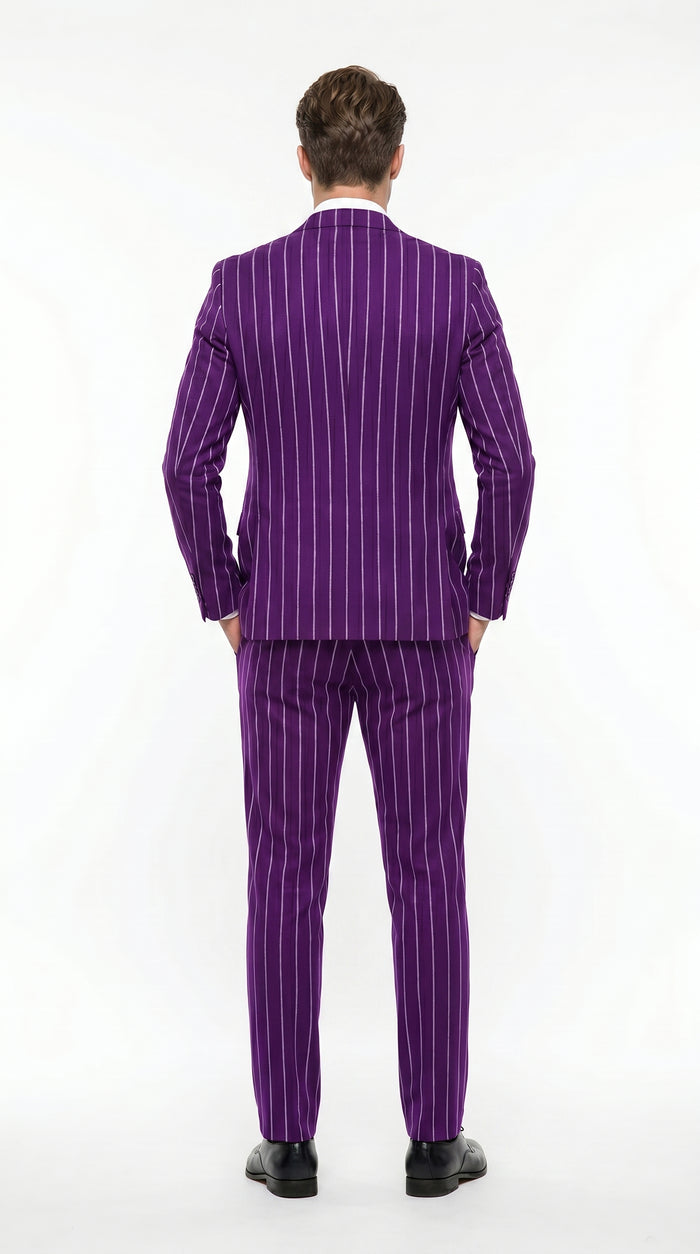 Men’s Purple Pinstripe 1920s Gangster Suit with Jacket, Vest and Pants, Vintage Formal Dress Suit