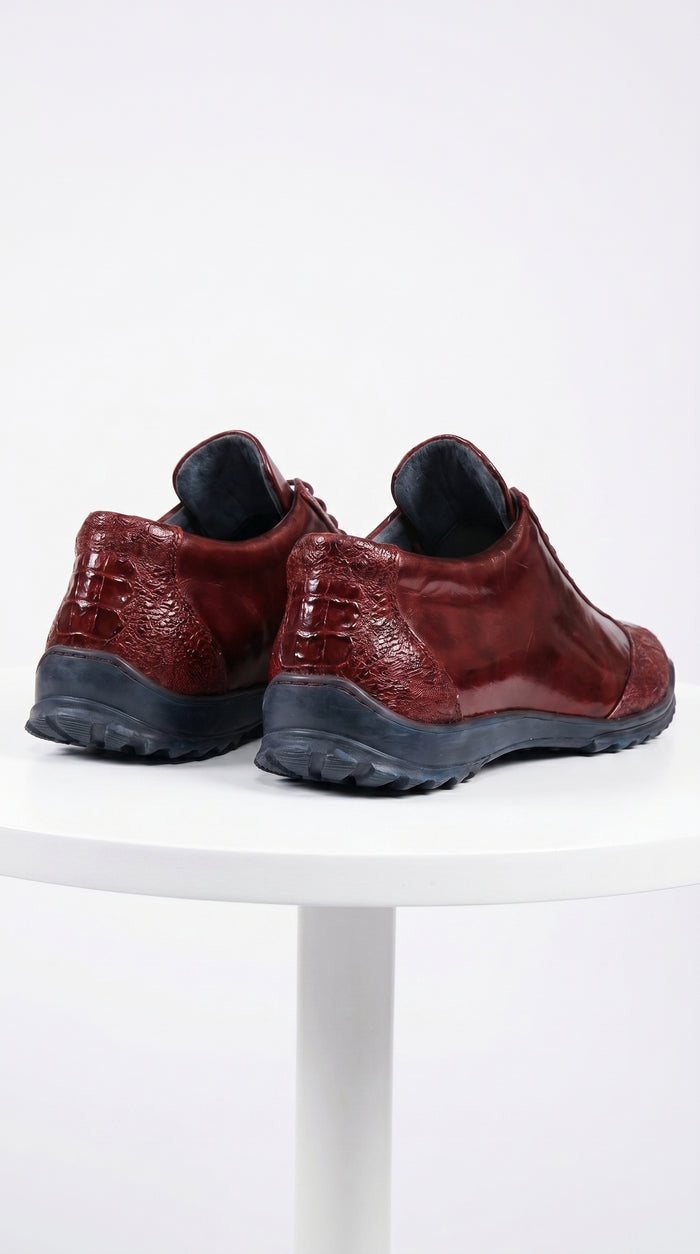 Men’s Wine Ostrich Leg Leather Sneakers with Lace Up Front, Exotic Casual Dress Shoes