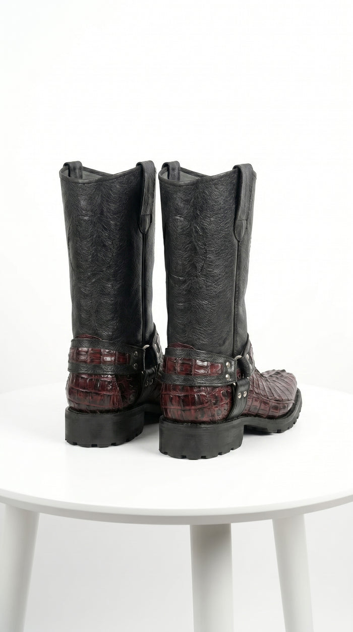 Men’s Los Altos Black and Burgundy Caiman Tail Skin Biker Boots, Exotic Western Motorcycle Boots