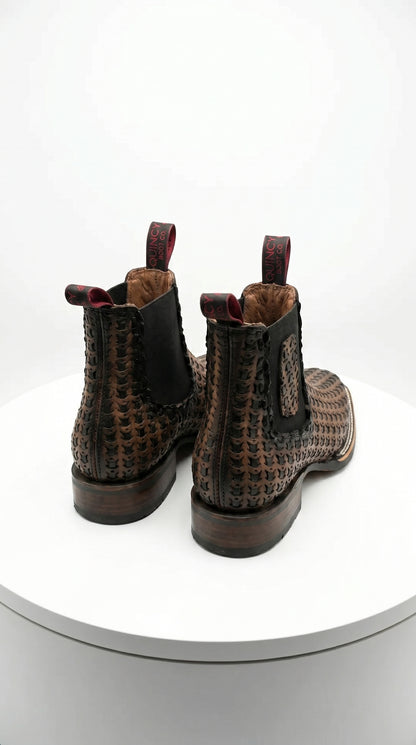 Men’s Petatillo Square Toe Boots in Brown and Black, Western Ankle Cowboy Boots