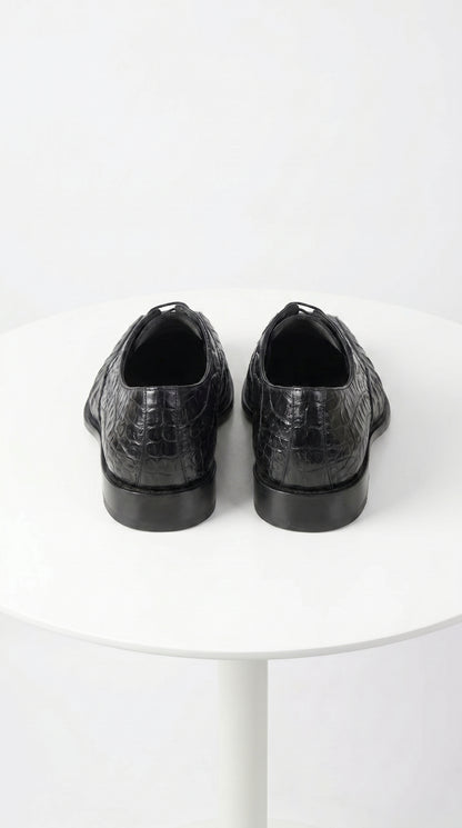 Men’s Los Altos Black Crocodile Bike Toe Dress Shoes, Exotic Formal Lace Up Shoes