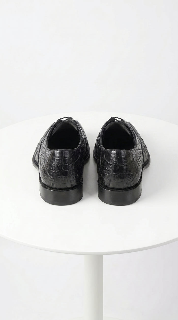 Men’s Los Altos Black Crocodile Bike Toe Dress Shoes, Exotic Formal Lace Up Shoes