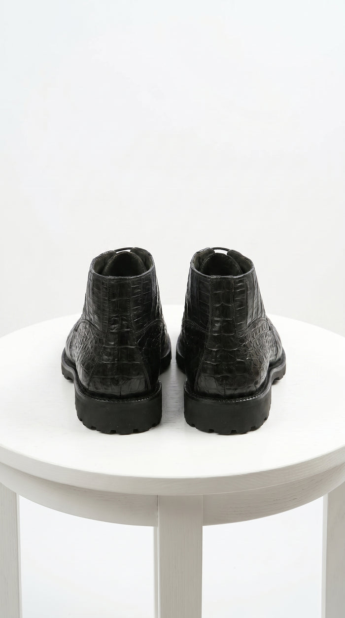 Men’s Los Altos Black Genuine Caiman Crocodile Hornback Ankle Boots, Exotic Lace Up Western Boots