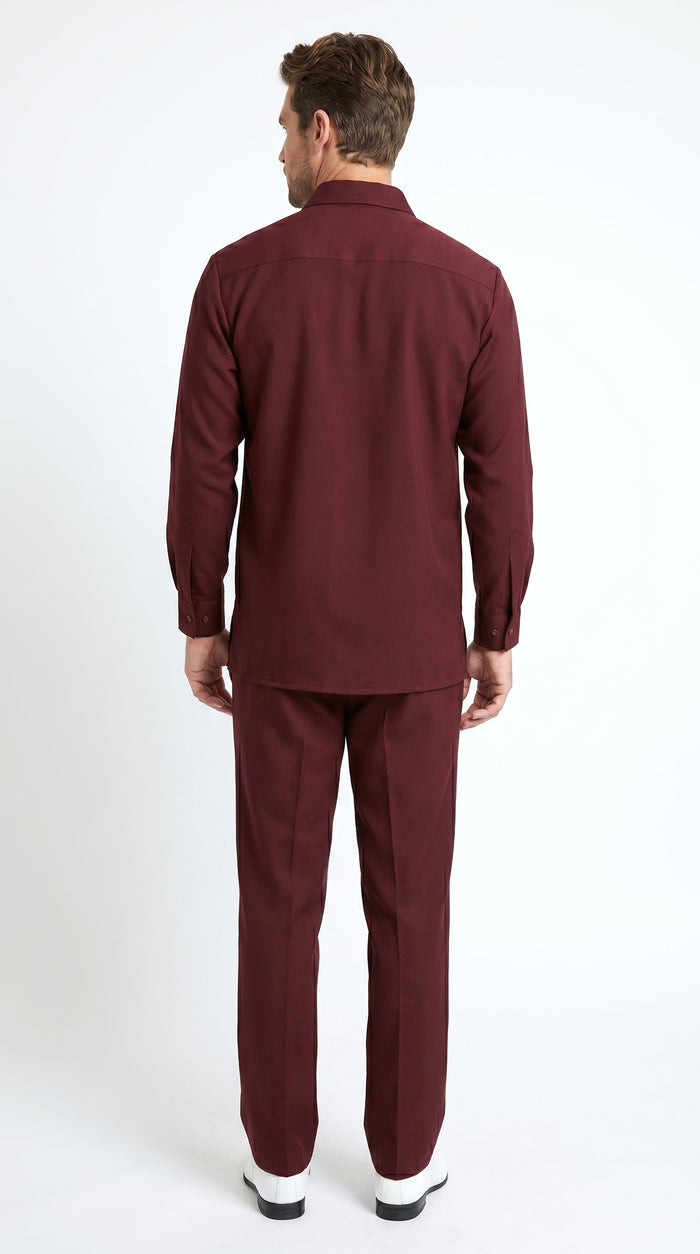 Men’s Apollo King Burgundy 2 Piece Walking Suit with Long Sleeve Shirt Jacket and Matching Pants