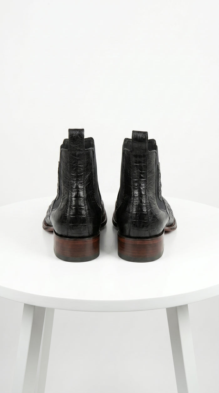Men’s Los Altos Black Caiman Belly Short Boots with Wide Square Toe, Exotic Western Ankle Boots