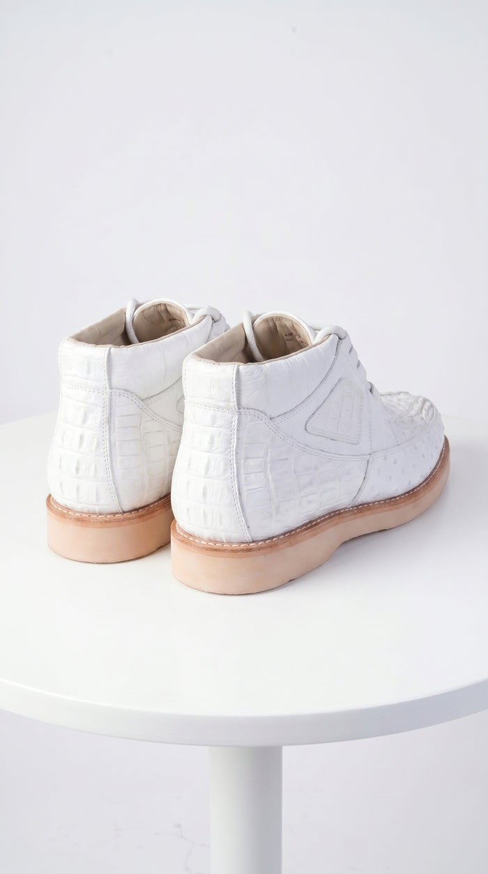Men’s Los Altos White Caiman and Ostrich Skin Casual Sneakers, Exotic Lace Up Dress Shoes