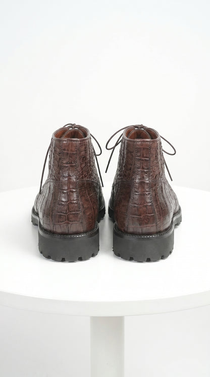 Men’s Los Altos Brown Genuine Caiman Crocodile Belly Ankle Boots, Exotic Lace Up Western Boots