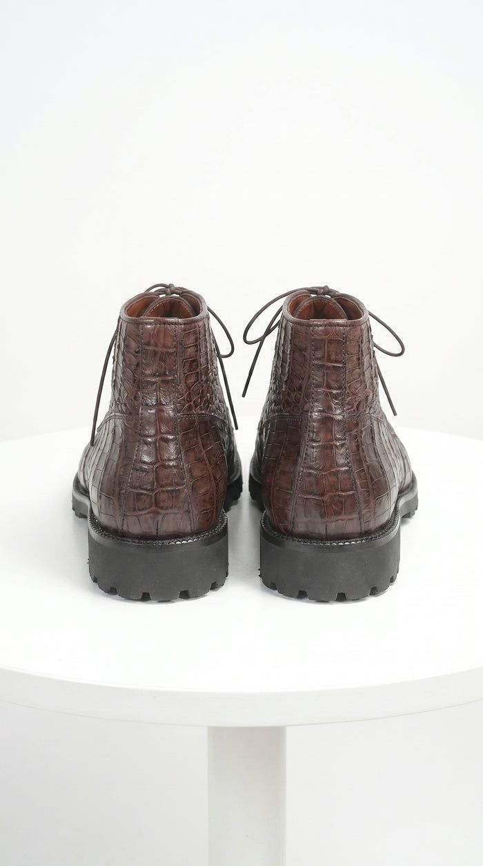 Men’s Los Altos Brown Genuine Caiman Crocodile Belly Ankle Boots, Exotic Lace Up Western Boots