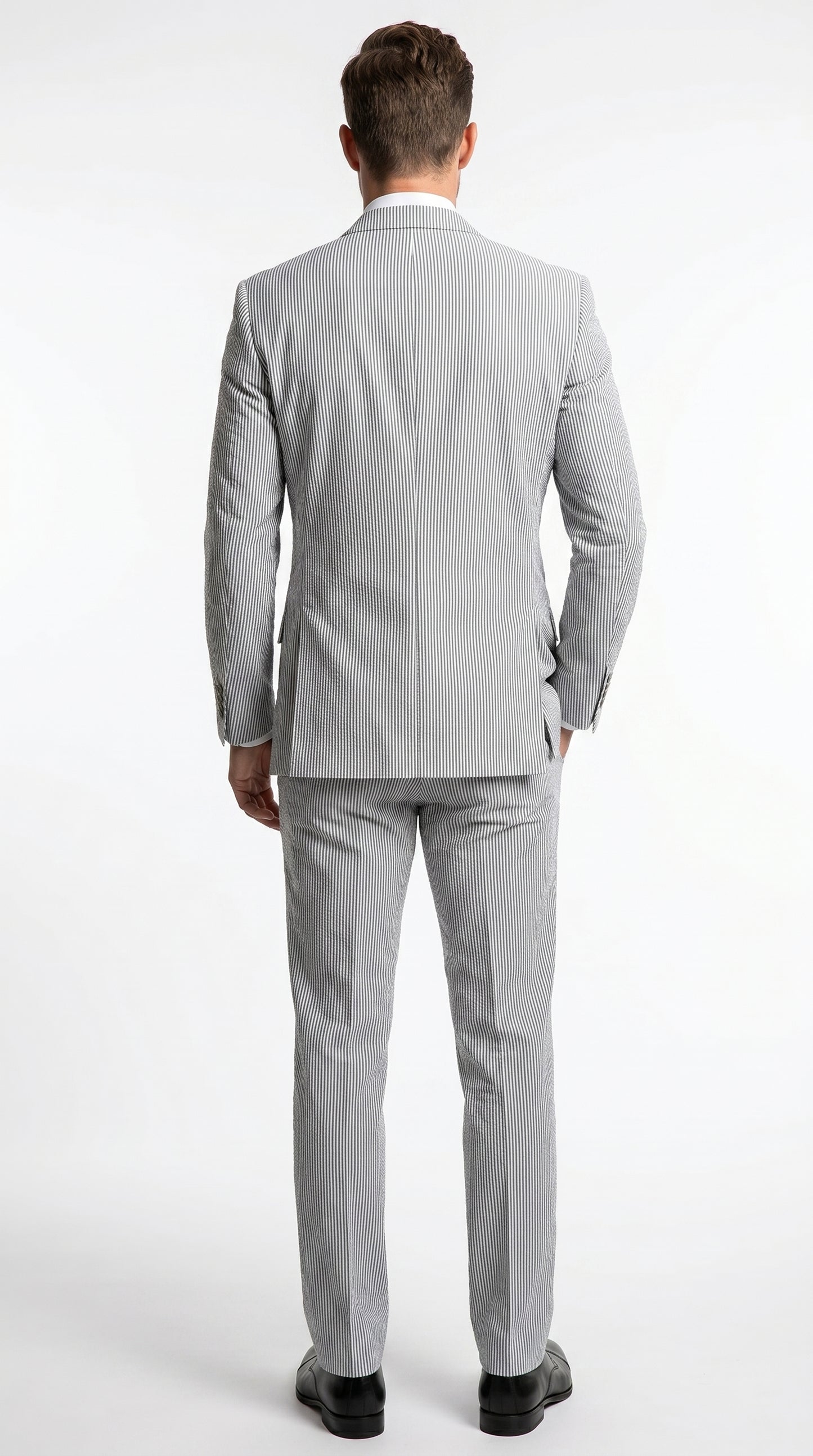 Men’s Black Pinstripe Summer Seersucker 2 Piece Suit with Jacket and Pants
