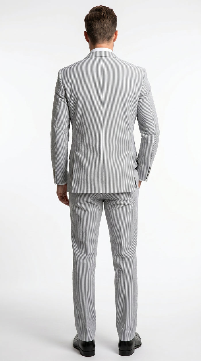 Men’s Black Pinstripe Summer Seersucker 2 Piece Suit with Jacket and Pants