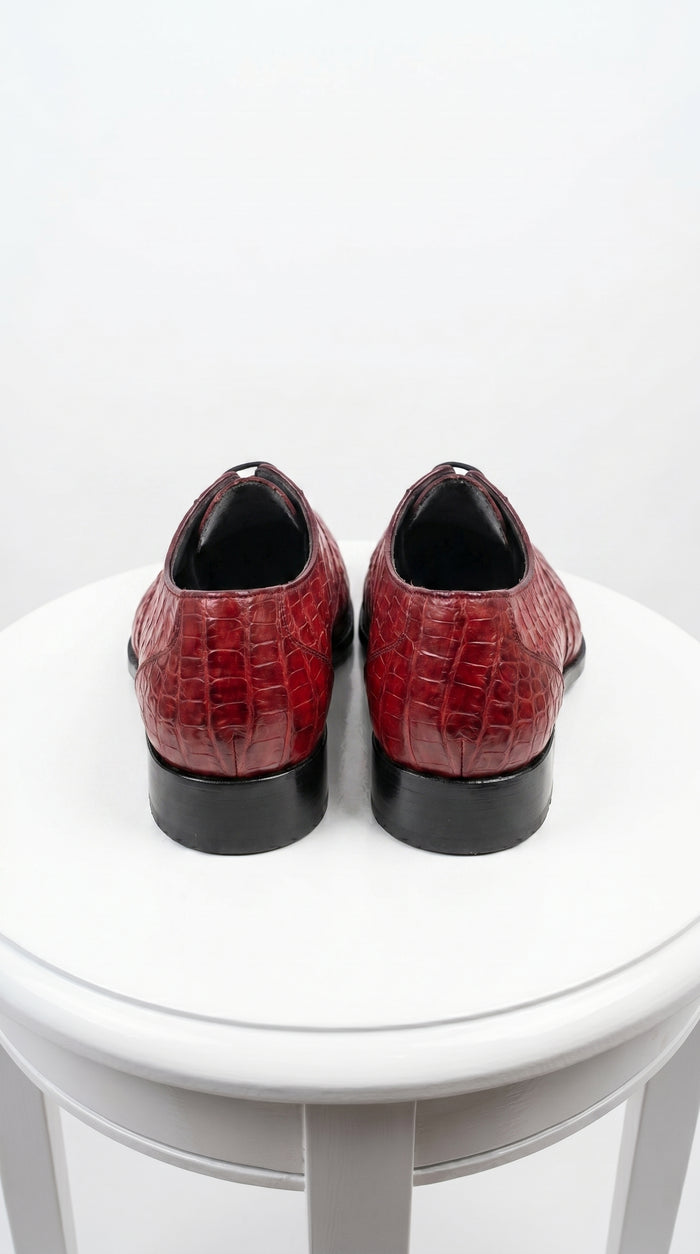 Men’s Los Altos Wine Burgundy Crocodile Lace Up Dress Shoes, Exotic Formal Wedding Shoes